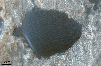 Ripples marcianos que cobrem dunas na cratera de Gale, observados a partir de imagens obtidas pela missão Mars Reconnaissance Orbiter (NASA/JPL-Caltech/UArizona).