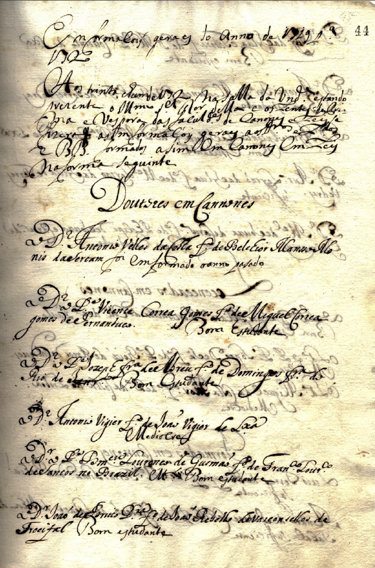 Fig. 1 - Informação final de Bartolomeu Lourenço de Gusmão, como Doutor em Cânones (penúltimo da lista) - (AUC - IV-1.ªD-2-1-52)