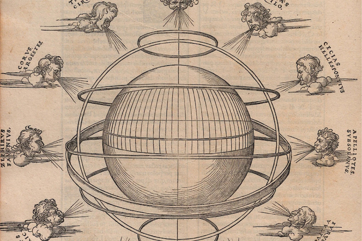 O globo e os doze ventos (gravura de Albrecht Durer para a edição de Estrasburgo da Geographia de Ptolomeu, 1513) BGUC J.F.-50-6-3.